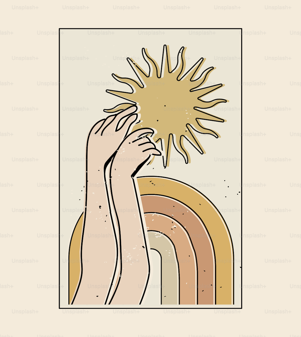 Plantilla de diseño de póster de verano en estilo boho retro con las manos alcanzan el sol y el arco iris en el fondo. Ilustración vectorial