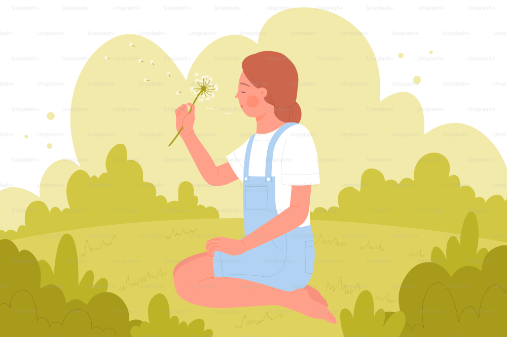 Girl blowing dandelion vector illustration. Cartoon cute female character sitting on spring green grass with flower in hands, dandelion seeds flying in wind. Aspirations, imagination, beauty concept