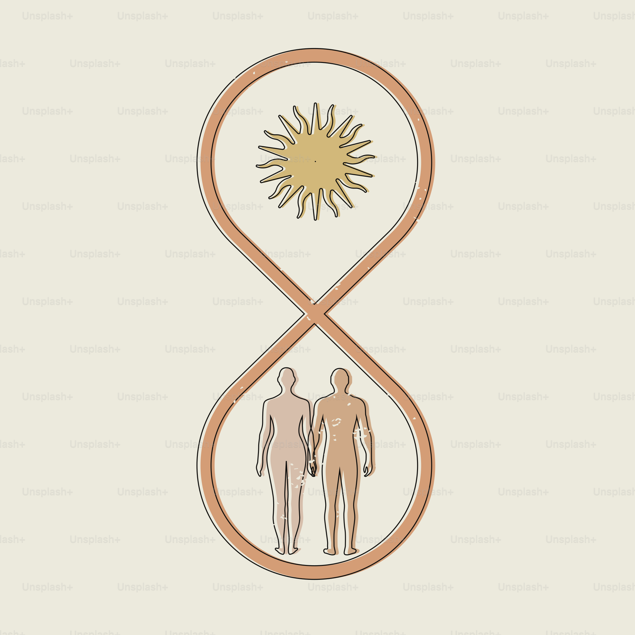 Konzeptuelle Darstellung der Beziehungen zur Silhouette des Paares im Unendlichkeitssymbol und in der Sonnensilhouette. Für immer zusammen. Vektorgrafik