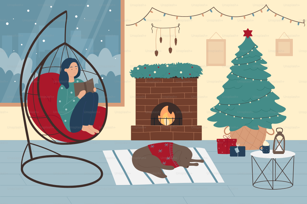 Winter holidays and relax of woman vector illustration. Cartoon girl reading book, sitting in modern round armchair near fireplace and Christmas tree with presents, dog lying on carpet background