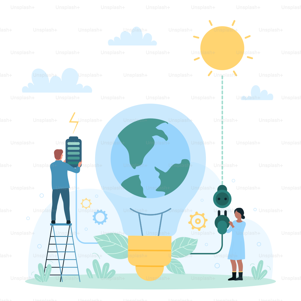Renewable eco energy for electrification of planet Earth, environment protection vector illustration. Cartoon tiny people charge battery from sun to power generator for light bulb with globe inside