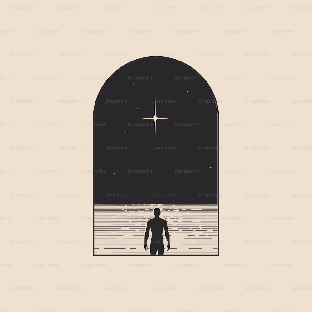 Conceptual illustration of the loneliness with a man stands on the night shore under a star in arch doorway form isolated on light background. Vector illustration