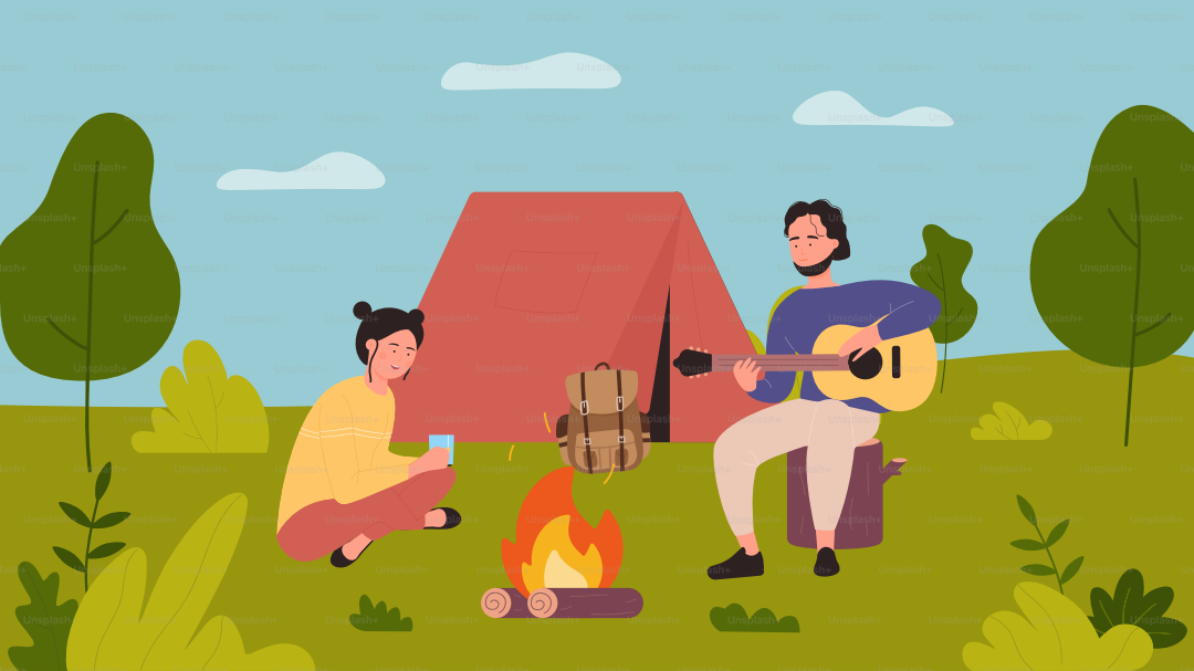 Atividades de acampamento ao ar livre e lazer de verão de casais ou amigos sentados na barraca de acampamento e na fogueira juntos com ilustração vetorial. Homem de desenho animado tocando guitarra, mulher bebendo de fundo. Conceito de piquenique
