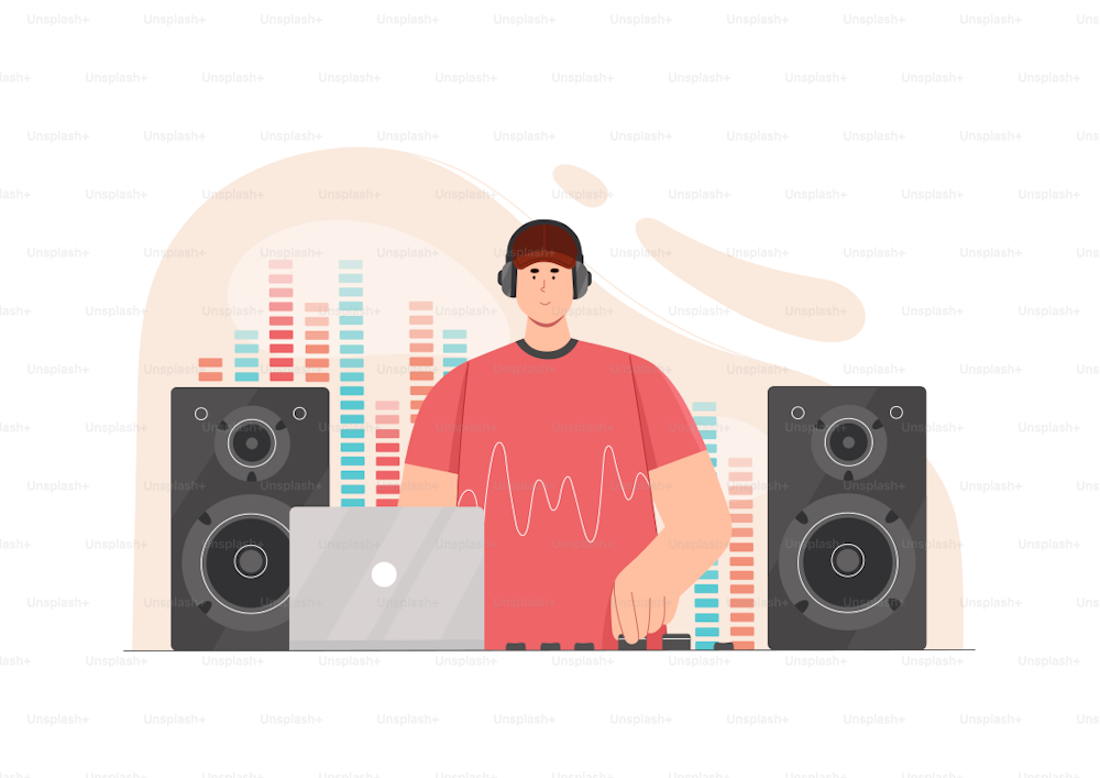 Sound engineer at work in studio vector illustration. Cartoon man composer working with multimedia software, mixing and composing electronic music with digital equipment. Audio production concept