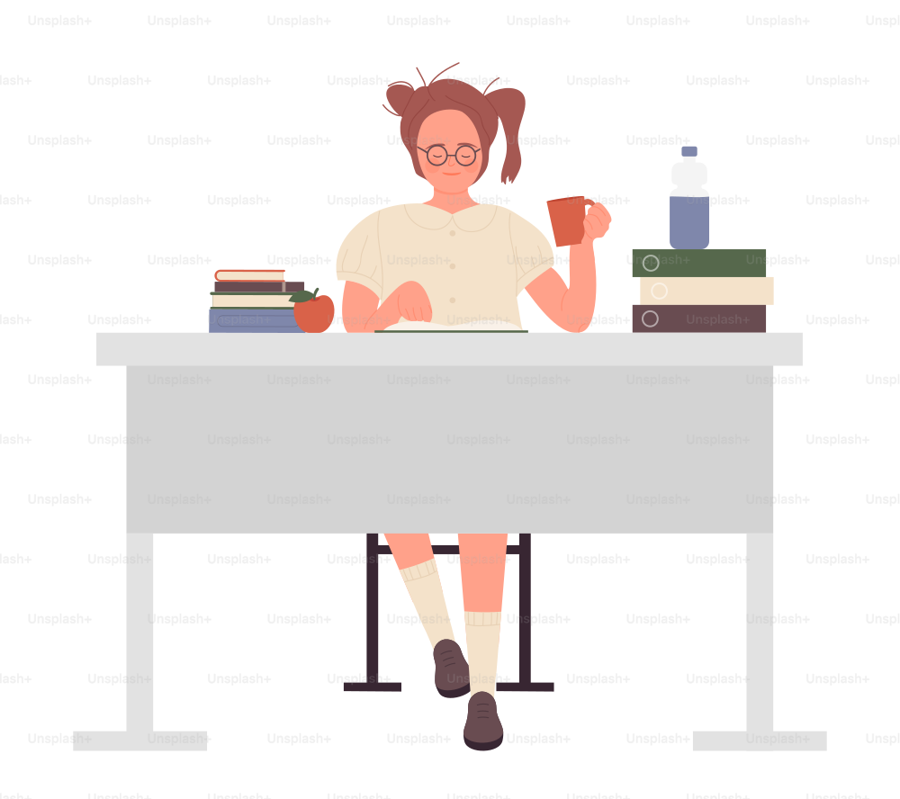 Sitting nerd girl at table. Reading and learning geek teenager at home desk vector illustration