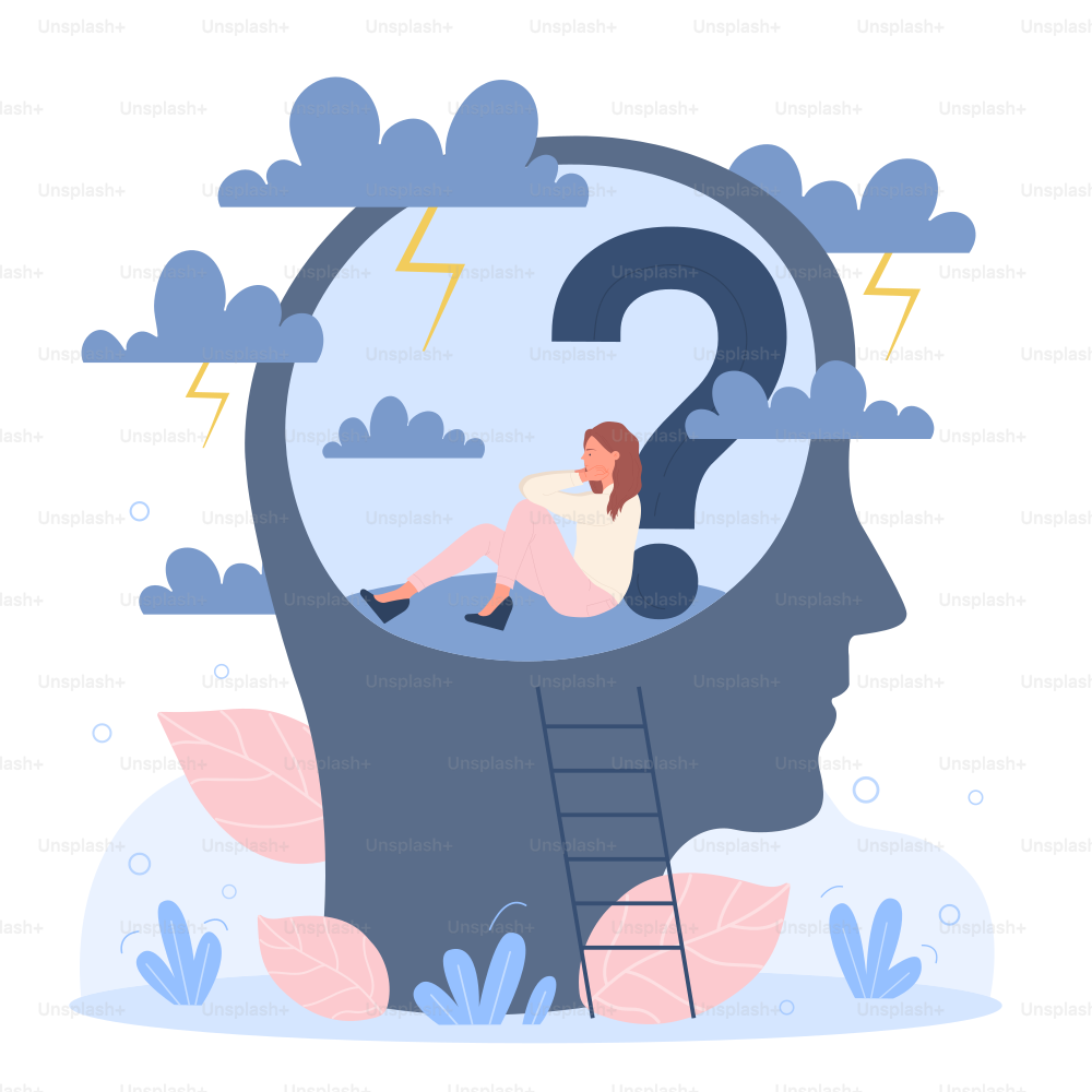 Mental health and psychotherapy for person with anxiety disorder. Cartoon storm rain clouds over abstract human head with question mark, sad tiny girl sitting inside alone flat vector illustration