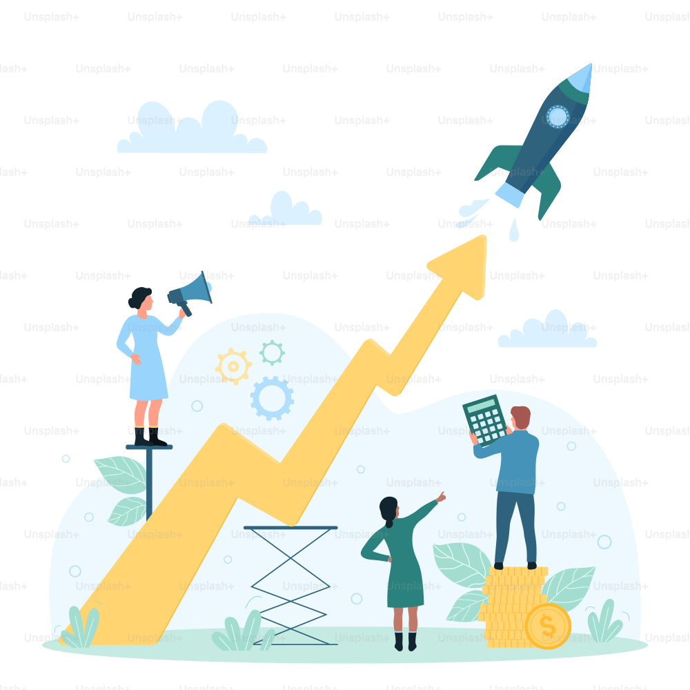 Success business startup vector illustration. Cartoon tiny people launch fast rocket with chart arrow growth, entrepreneur characters start new ideas, power breakthrough of innovation project
