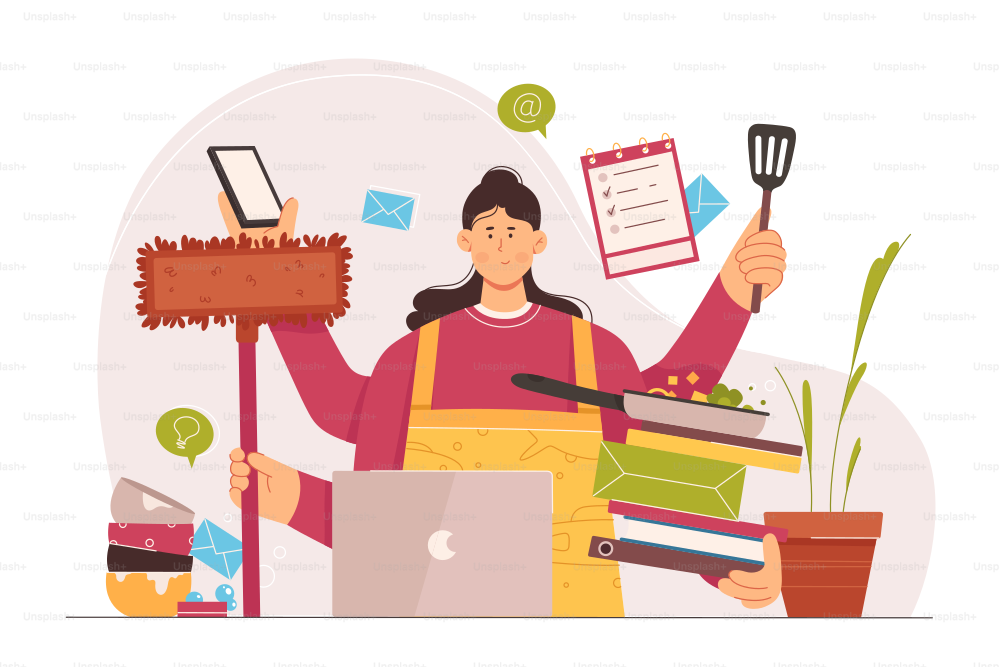 Busy multitask woman with many hands working with laptop and kitchen tools. Cartoon overworked housewife cooking food, holding frying pan, books, mop flat vector illustration. Time management concept