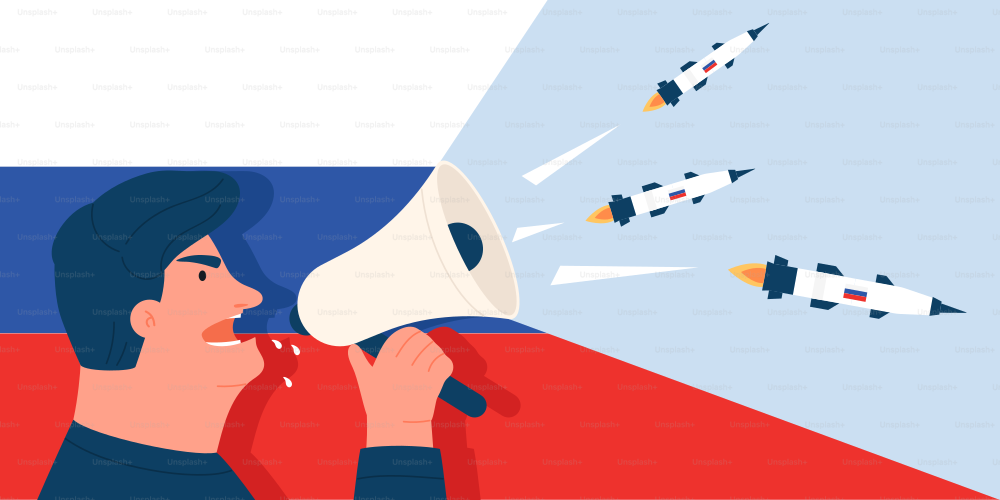 Propaganda, noticias falsas sobre el conflicto militar entre Ucrania y Rusia ilustración vectorial. Agitador de dibujos animados gritando en megáfono, cohetes con bomba volando desde el altavoz y la bandera rusa