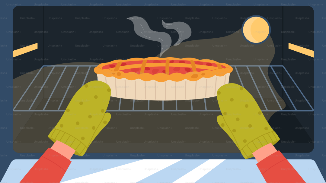 Hände des Bäckers, das Obstkuchendessert auf ein Blech in den Küchenofen legt, um eine Vektorillustration zu backen. Cartoon-Koch macht traditionelle Torte oder Tarte, Blick von der offenen Tür auf den Hintergrund eines modernen Elektroofens