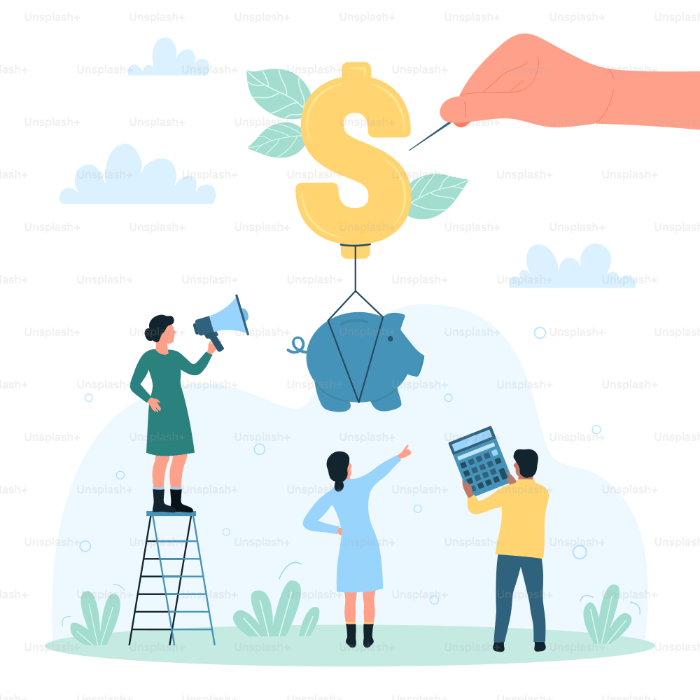 Inflation impact on financial savings, investment crash vector illustration. Cartoon hand pushing needle to pop balloon of dollar shape, piggy bank with tiny investors money flying on bubble