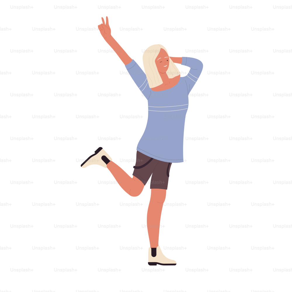 Happy partygoer girl moving dance. Cool woman at celebrating party vector illustration
