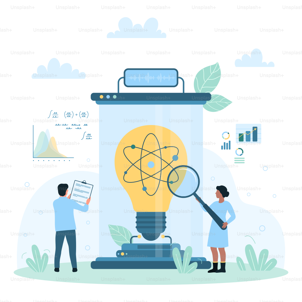 Science research in nuclear physics vector illustration. Cartoon tiny scientist learning abstract atom model inside light bulb laboratory machine with magnifying glass, scientific test and thinking