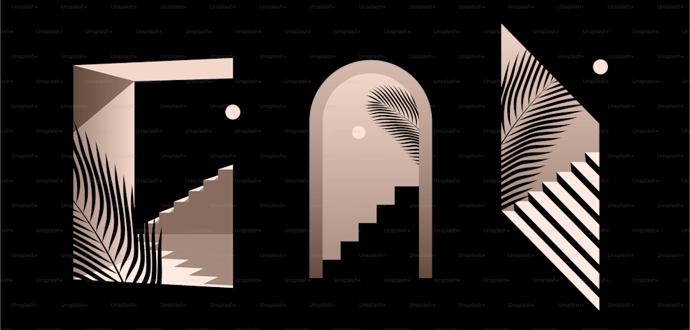 Puertas minimalistas abstractas con siluetas de escalera y hojas de palmera tropical sobre fondo negro para impresiones de carteles o arte mural. Vector eps 10 ilustración
