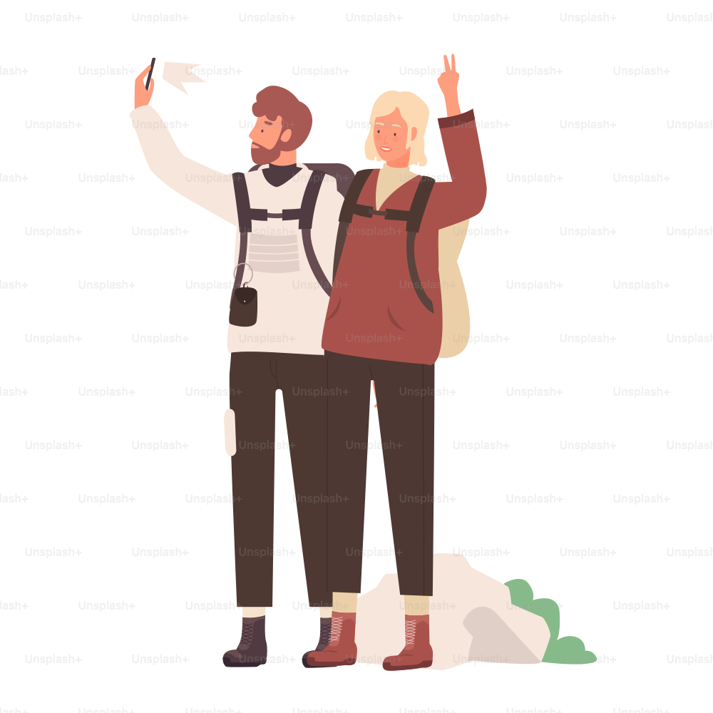 Excited couple tourists making selfie. Taking travel photos, mountain adventure vector illustration