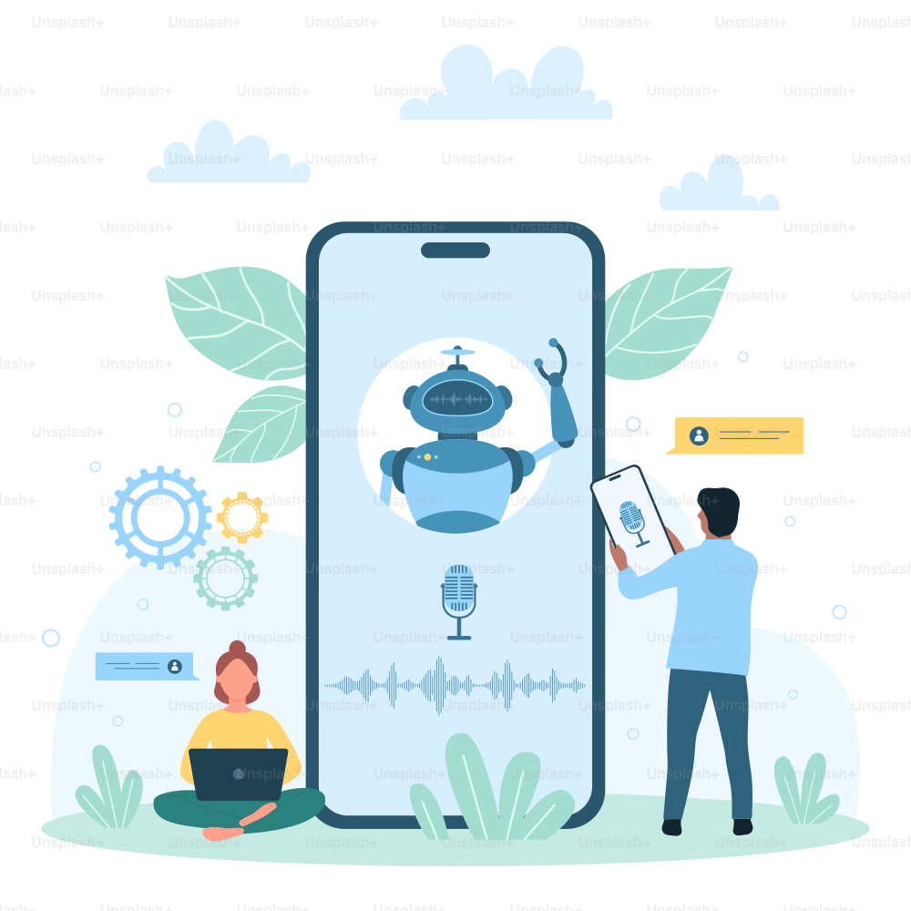AI chatbot technology vector illustration. Cartoon tiny customers talk with robot in voice chat on phone screen, online help, advices and support service for people from virtual bot of mobile app