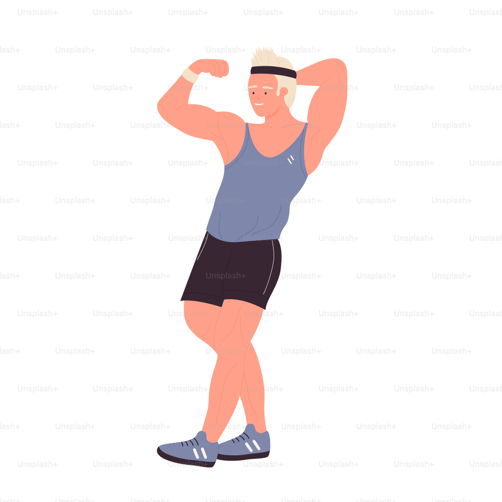 Male trainer showing muscles. Muscular sport coach, fitness program vector illustration