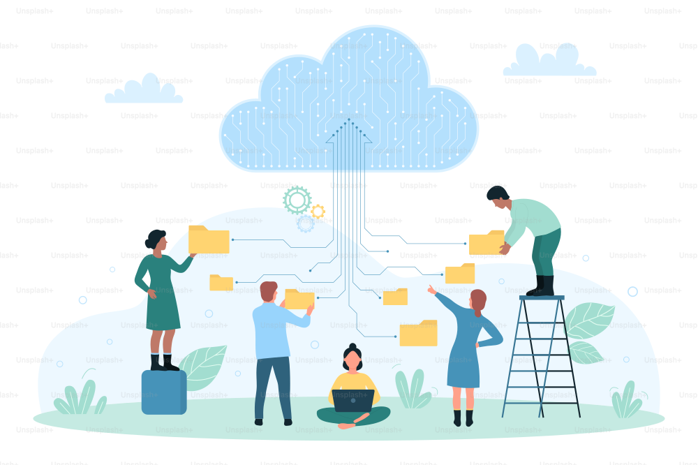 Cloud data storage, network technology vector illustration. Cartoon tiny people holding folders with files to download information to server, characters upload backup of documents and archives