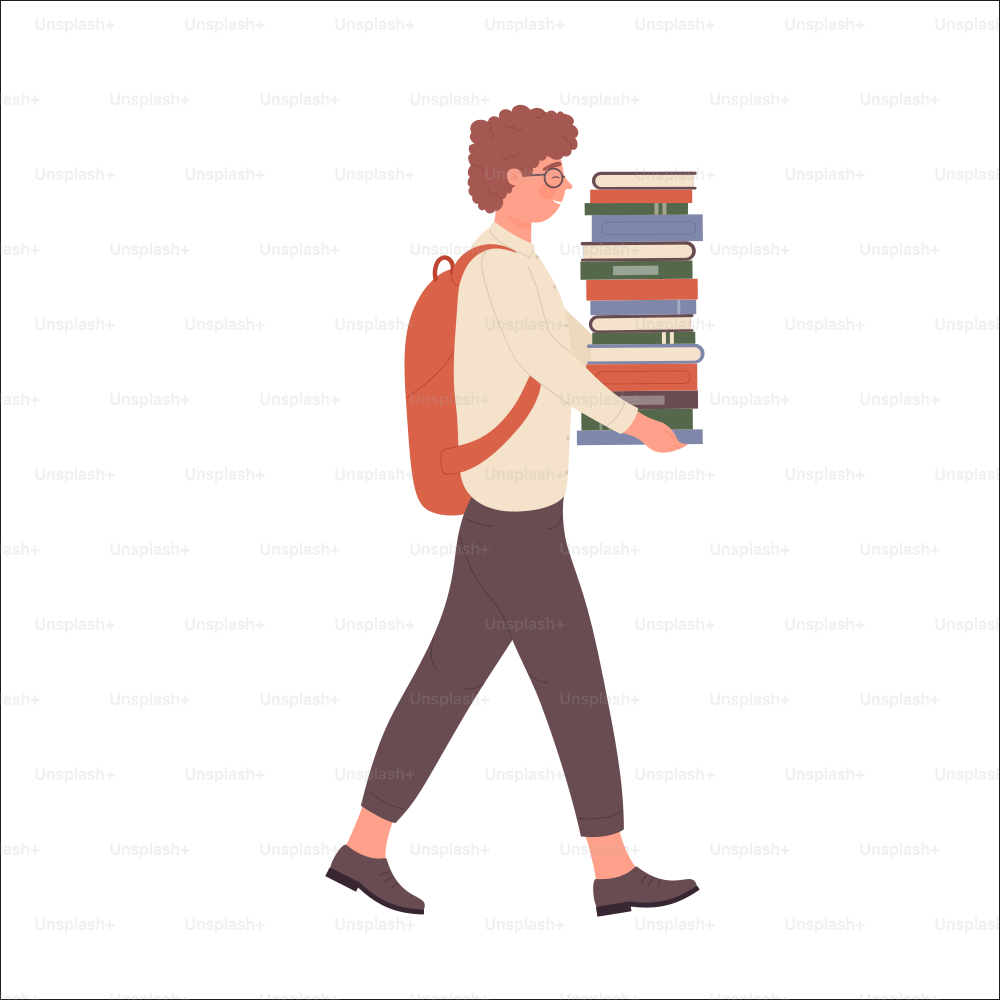 Nerd boy carrying stack of books. Geek student with learning materials vector illustration