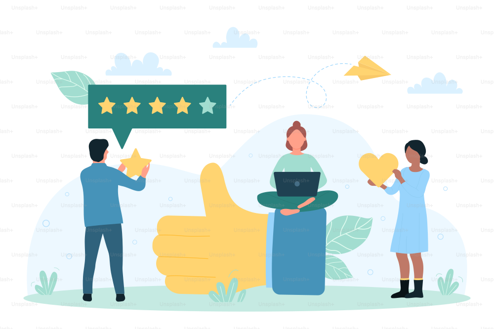 Customers feedback, review service vector illustration. Cartoon tiny people sitting on thumbs up sign, giving rating stars and hearts likes to recommend product or experience in social media survey