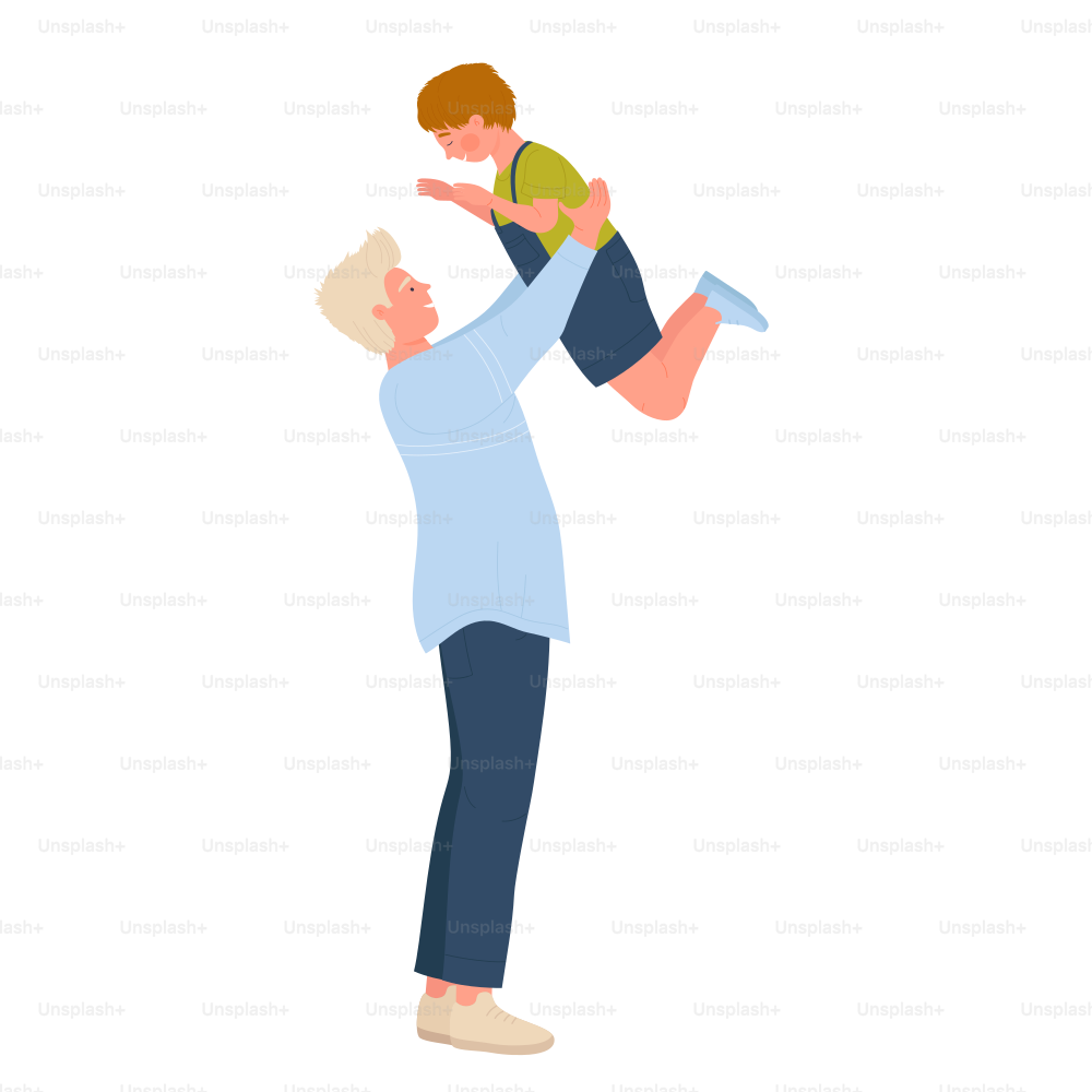 Happy father holding his son. Family playing time, parenthood moment vector illustration