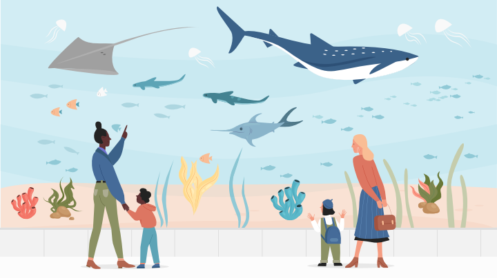 Children in oceanarium flat vector illustration. People visitors watching underwater scenery with sea animals in oceanarium. Underwater fish, aquarium and marine flora and fauna