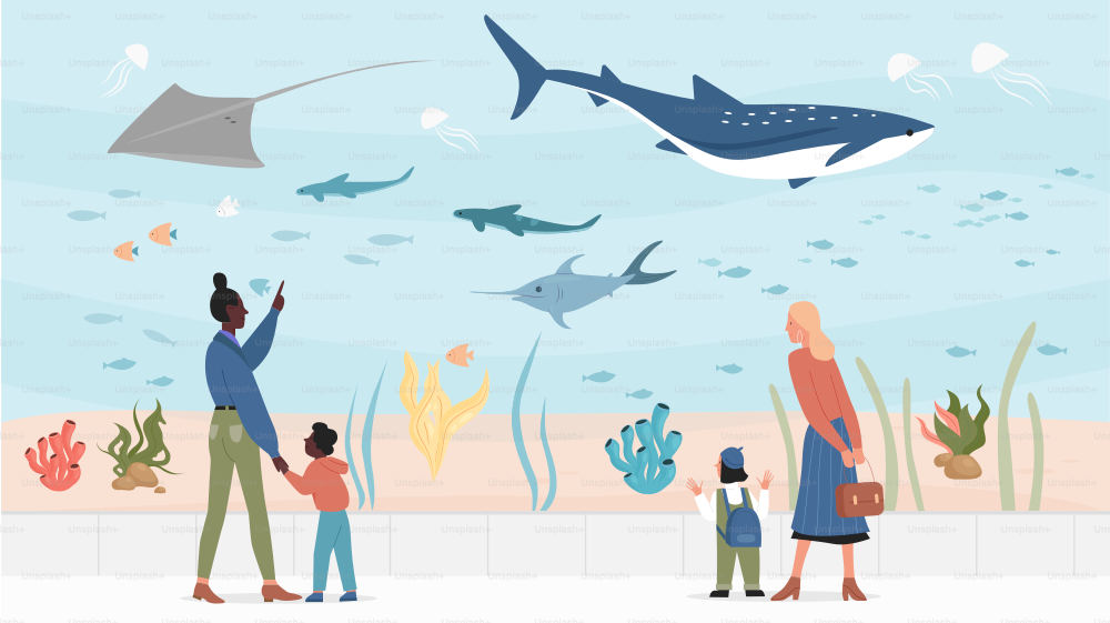 해양 수족관 플랫 벡터 그림에 있는 아이들. 해양 수족관에서 바다 동물과 함께 수중 풍경을 보는 사람들. 수중 물고기, 수족관 및 해양 동식물