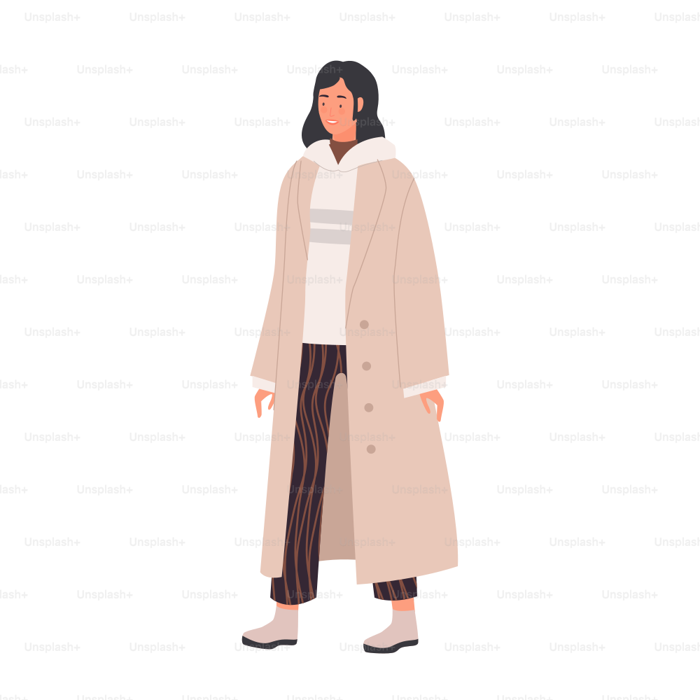 Girl wearing long warm coat. Winter clothes fashion, outfit for cold weather vector illustration