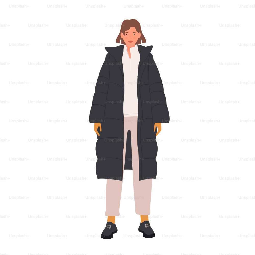 긴 양털 재킷을 입은 여자. 겨울 옷, 따뜻한 패션 의상 벡터 일러스트레이션