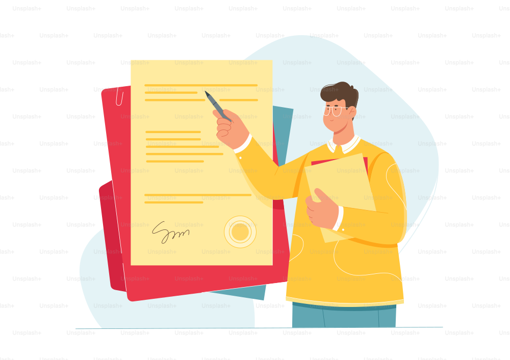 Signature for contract, license or agreement vector illustration. Cartoon tiny man holding pen to sign and approve official legal paper document of business deal, insurance form in notary office