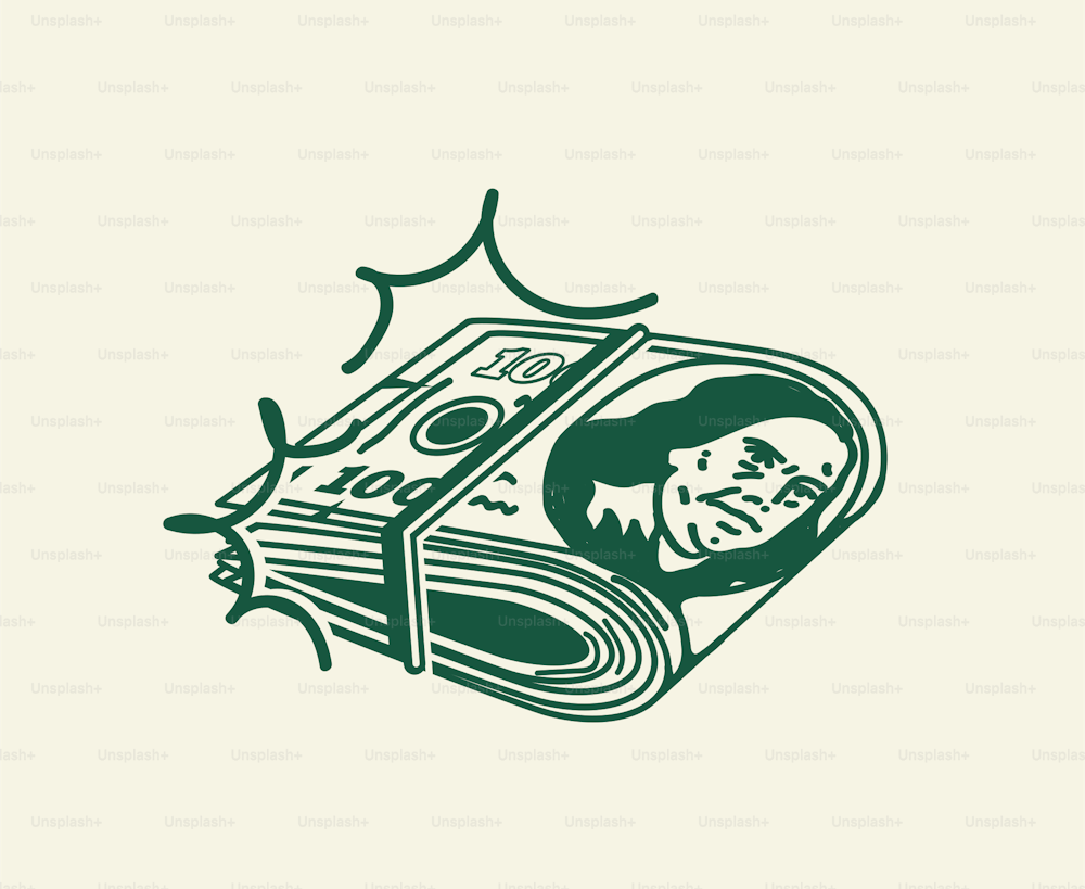 Paquete de dinero en estilo de dibujos animados dibujados a mano. Wad de ganancias comerciales en efectivo o salario o pago. Ilustración vectorial aislada sobre fondo blanco