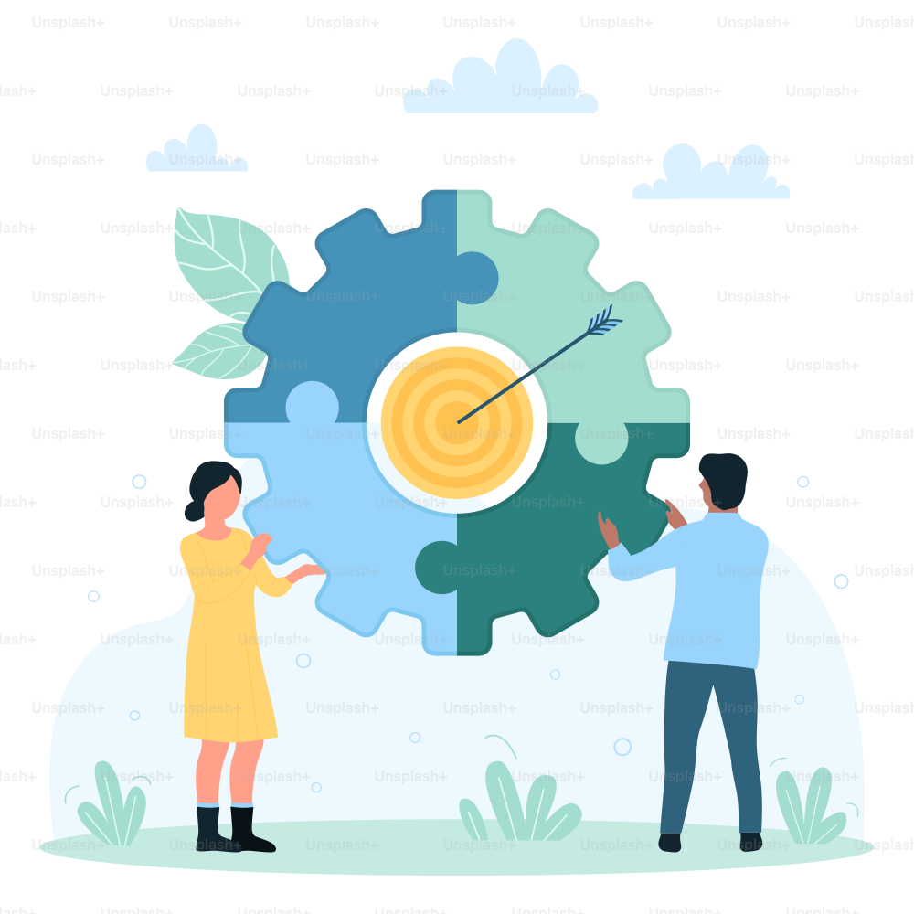 Teamwork for success goals vector illustration. Cartoon tiny people work together and connect big puzzle jigsaw target, man and woman employees building complete partnership and collaboration