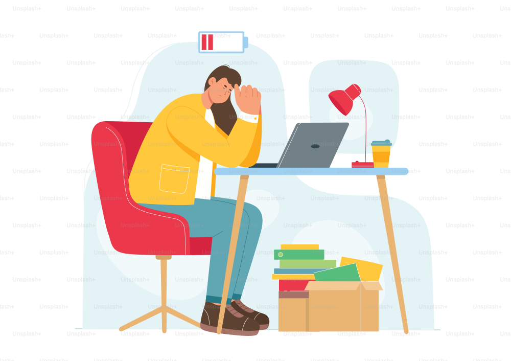 Stress and work burnout of tired employee vector illustration. Cartoon exhausted office worker character with low energy in battery sitting with laptop at desk, overworked person with health problem