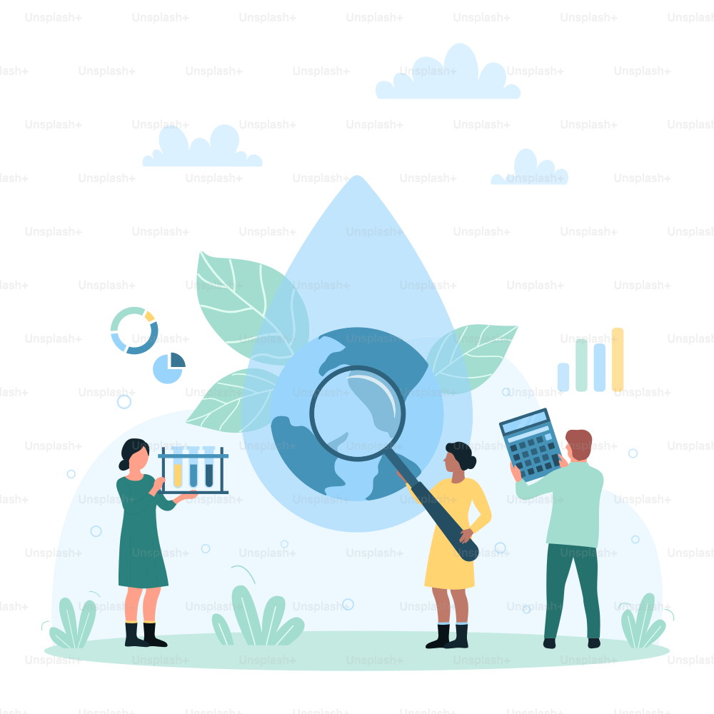 Water quality research and control vector illustration. Cartoon tiny people looking through magnifying glass at blue drop with Earth globe inside, studying microbiology and chemistry of water solution