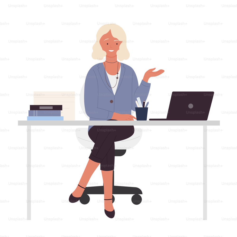 Smiling woman teacher sitting at table. School professor at workplace vector illustration