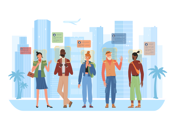 Face recognition of people on city street vector illustration. Cartoon crowd of pedestrians walking on road under AI surveillance, control and identification with artificial intelligence system