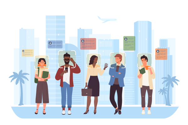 City face recognition technology vector illustration. Cartoon people walk on street with biometric facial ID profile under head, surveillance with camera and analysis of pedestrians by AI scan system