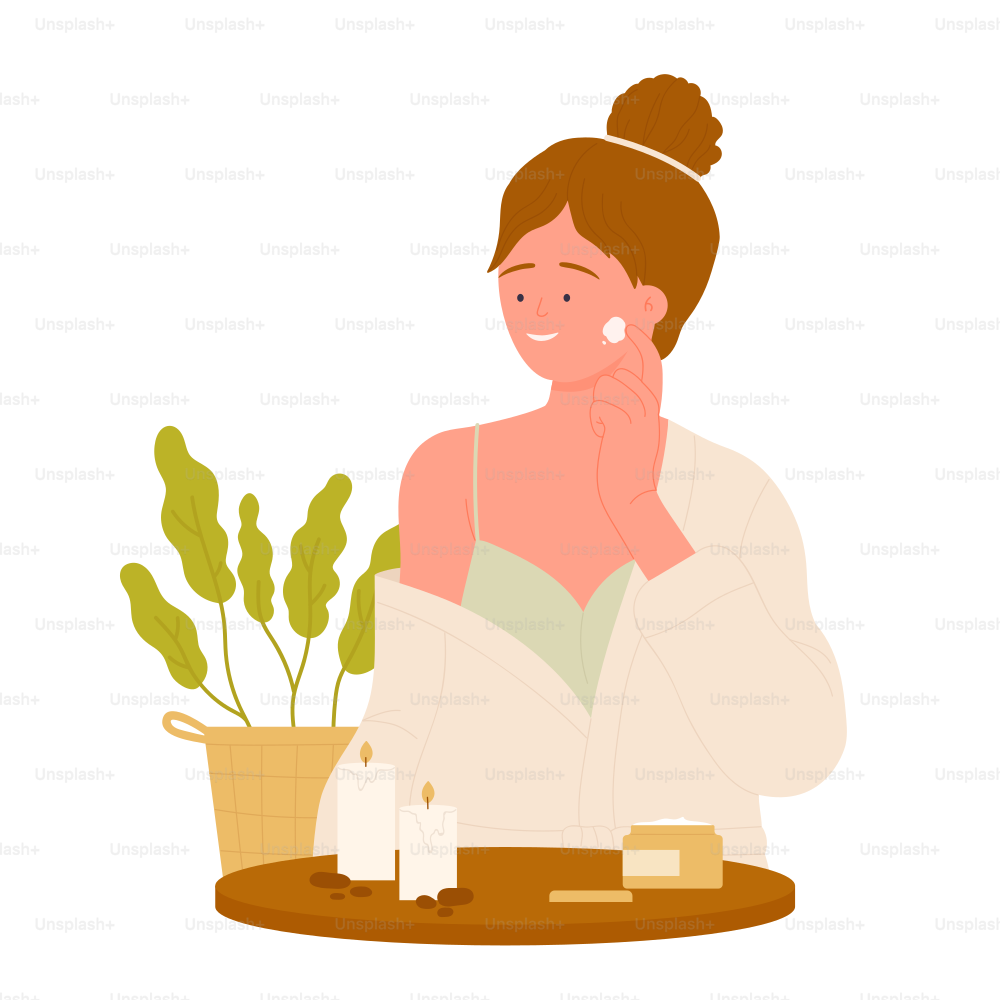 Evening skin care routine. Facial care beauty products, cleaning face vector illustration