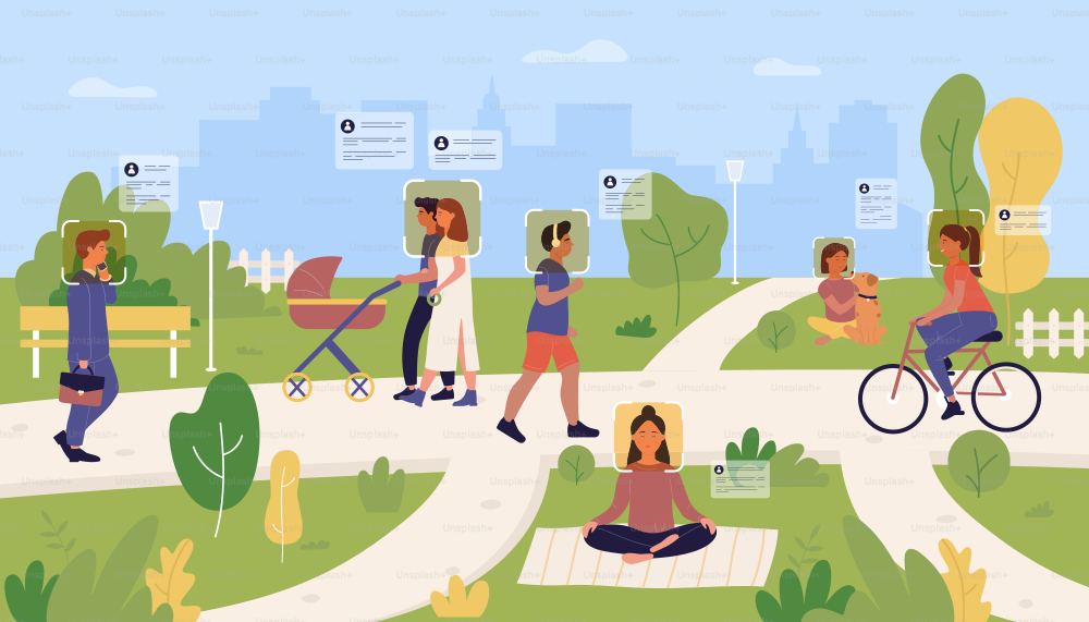 Face recognition of people walking in city park vector illustration. Cartoon pedestrians walk with biometric authentication profile and information under head, machine learning of AI system background