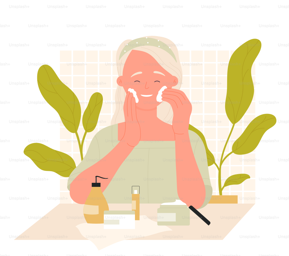 Happy girl taking care of her face. Morning skincare routine, cream applying vector illustration