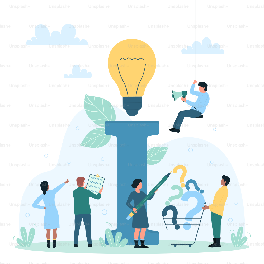 Search of information, business documents and data management vector illustration. Cartoon tiny people with cart full of question marks and checklist standing near I letter with light bulb on top