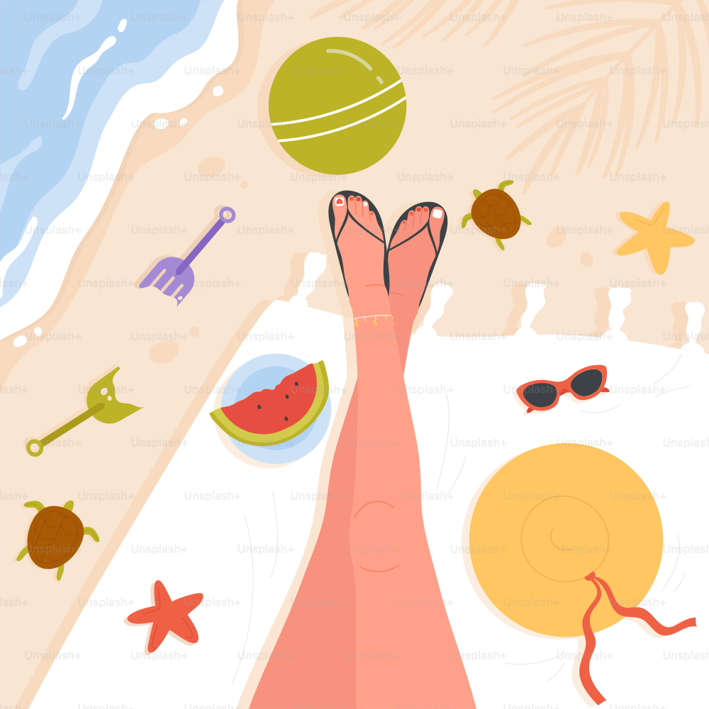 熱帯の砂浜に美しい女の子の脚、上のベクターイラストから見る。ビーチタオルにビーチサンダルを履いた漫画の女性の足、水の波とヒトデの背景。夏休みのコンセプト