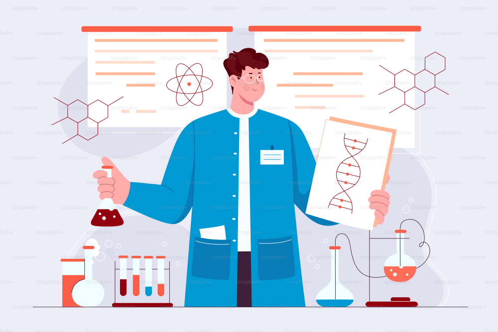 Genetic research and scientific experiment in laboratory. Cartoon scientist character holding dna presentation and test tube, doing medical diagnostics flat vector illustration. Science concept