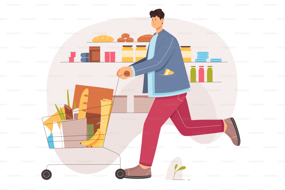 Consumer pushing shopping trolley full of grocery products in supermarket. Cartoon young happy man walking with shopper cart to buy food flat vector illustration. Purchase, shop, market concept