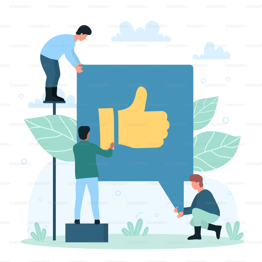 Customers feedback about positive experience with group of tiny people. Cartoon client characters give thumbs up report in bubble of digital message flat vector illustration. Survey evaluation concept