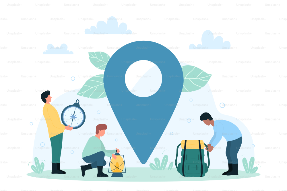GPS navigation, search locations for travel adventure and tiny people. Cartoon characters pack backpack, compass, lantern near giant map pin flat vector illustration. Tourism, journey concept