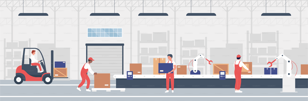 Work of warehouse automated conveyor and wholesale logistics system. Cartoon workers using machinery and electric belt to load boxes with goods inside storehouse background. Modern storage concept