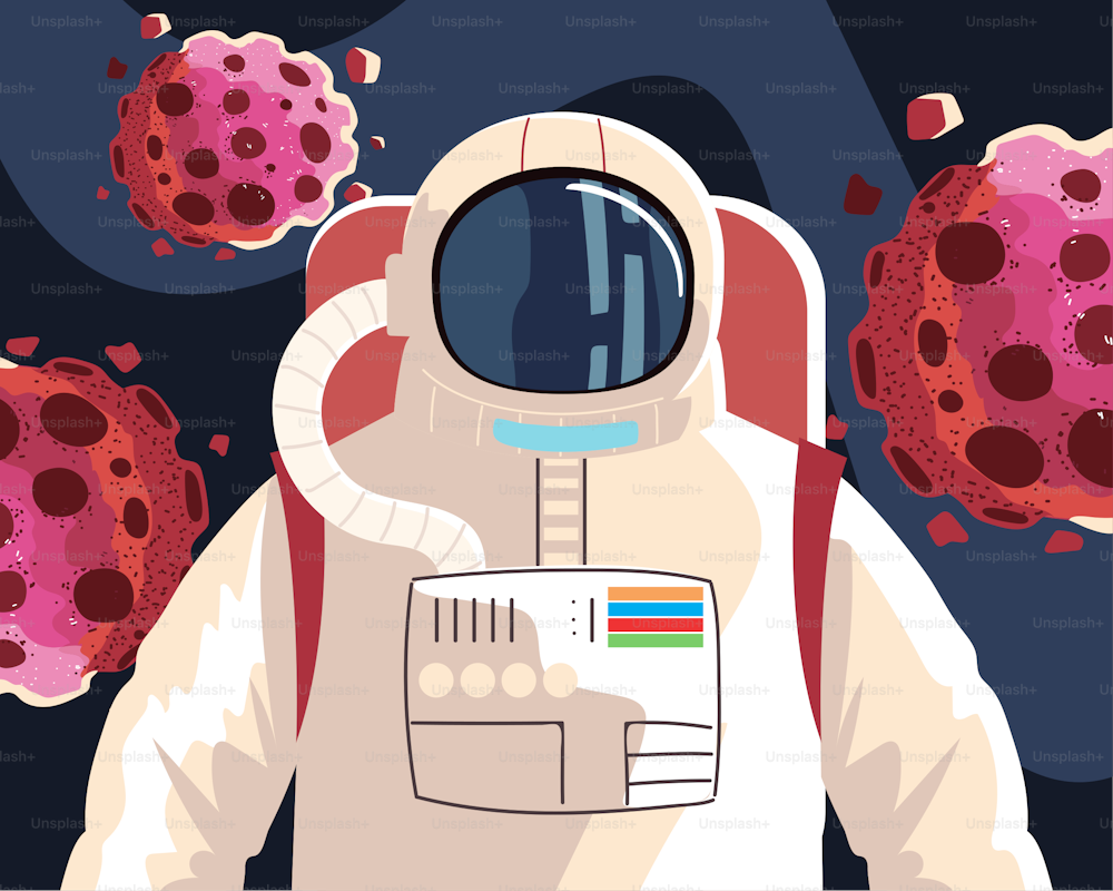 Explorador espacial, cosmonauta o astronauta en traje espacial con ilustración vectorial de asteroides