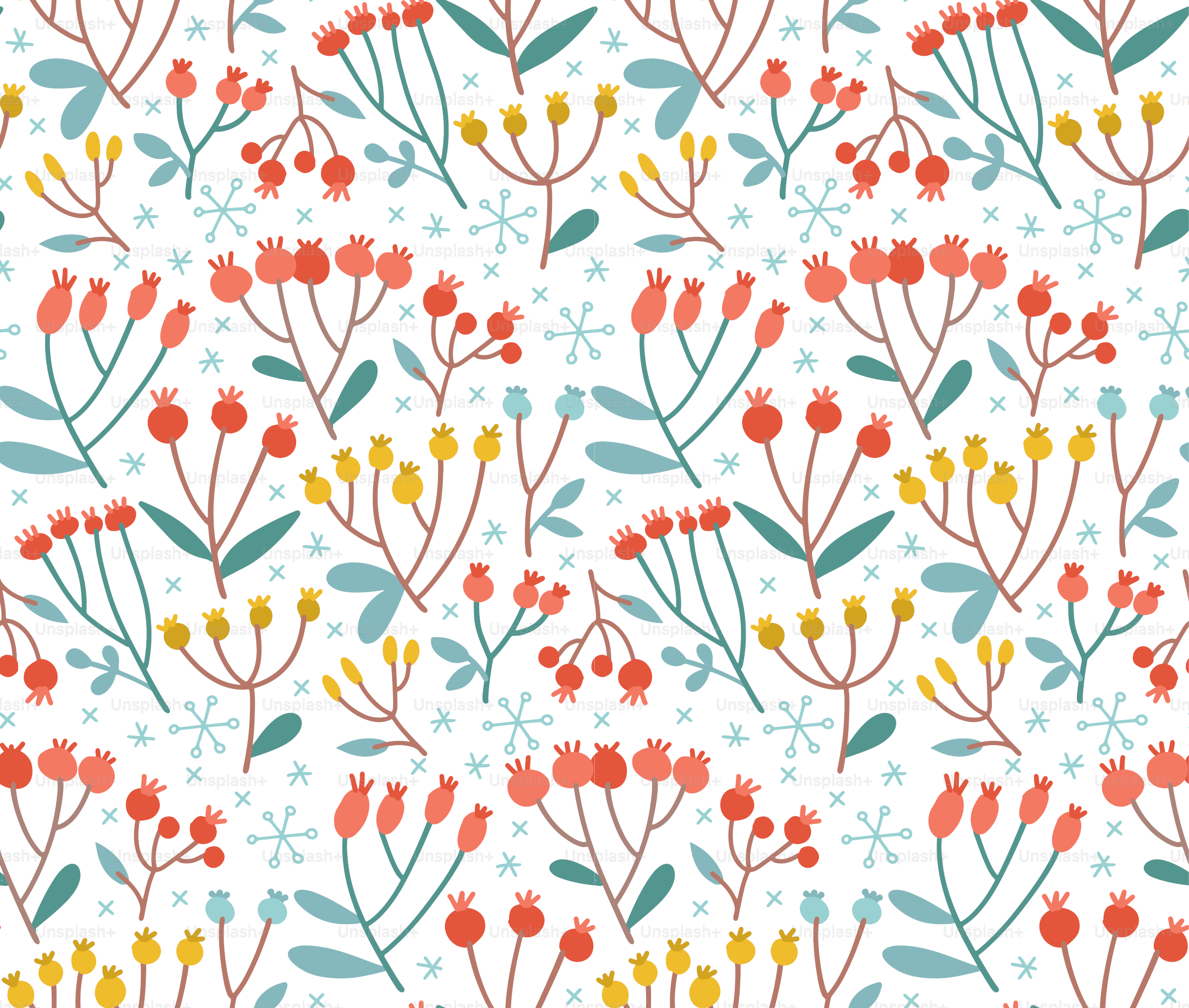 Seamless pattern with hand drawn branch berry in cartoon style. Flat hand drwan background isolated on white background. Autumn ans winter texture with cute branch. Vector scandinavian Illustration.