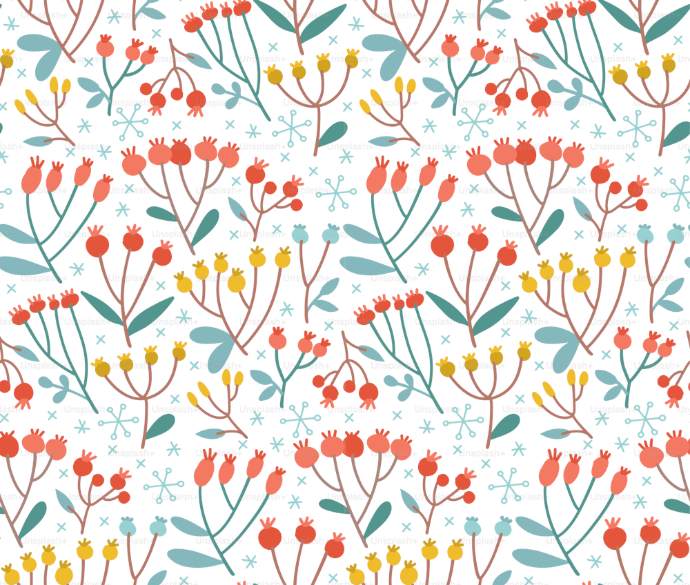 Seamless pattern with hand drawn branch berry in cartoon style. Flat hand drwan background isolated on white background. Autumn ans winter texture with cute branch. Vector scandinavian Illustration.